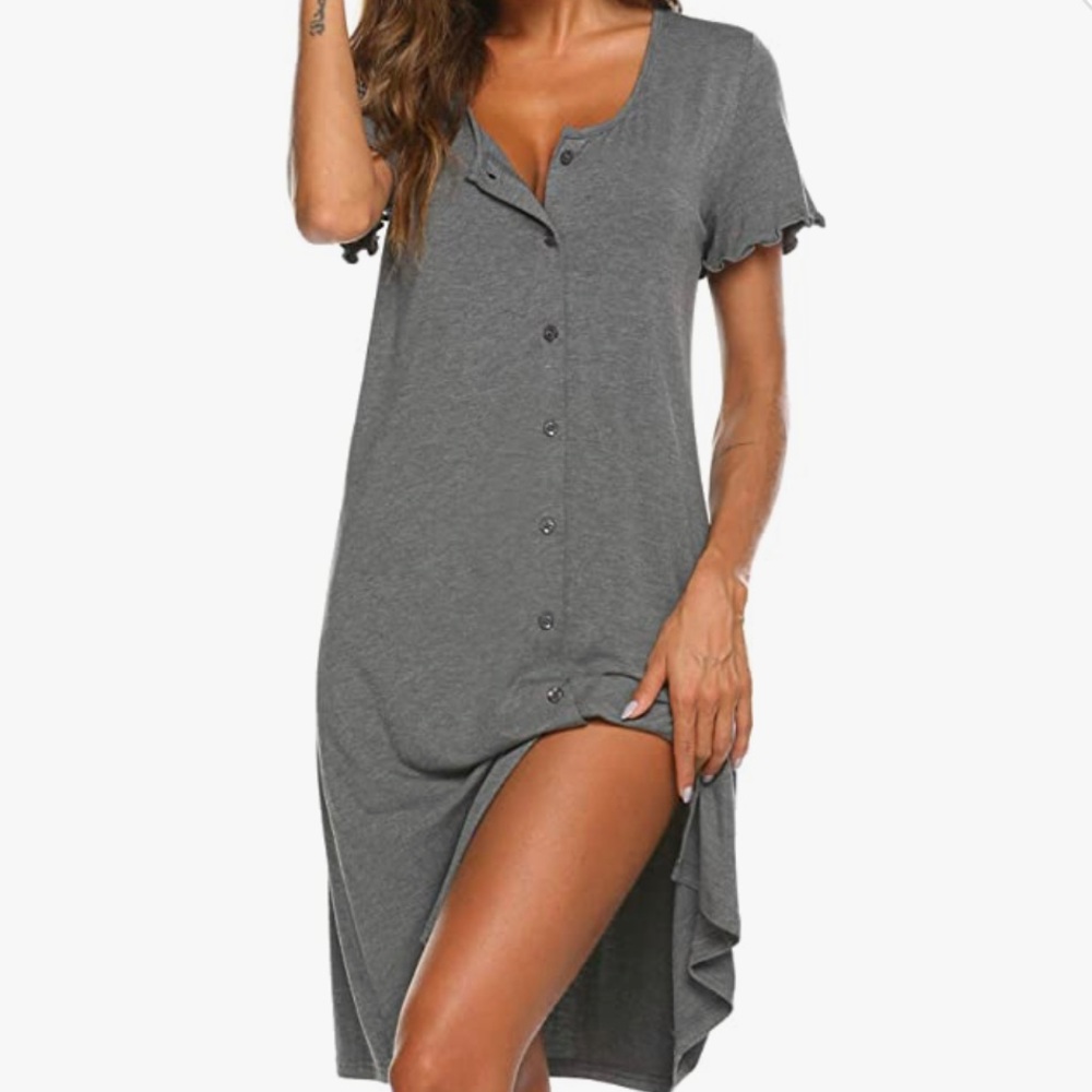 Ekouaer Nightshirt Short Sleeve Button Down Nightgown V-Neck, Small